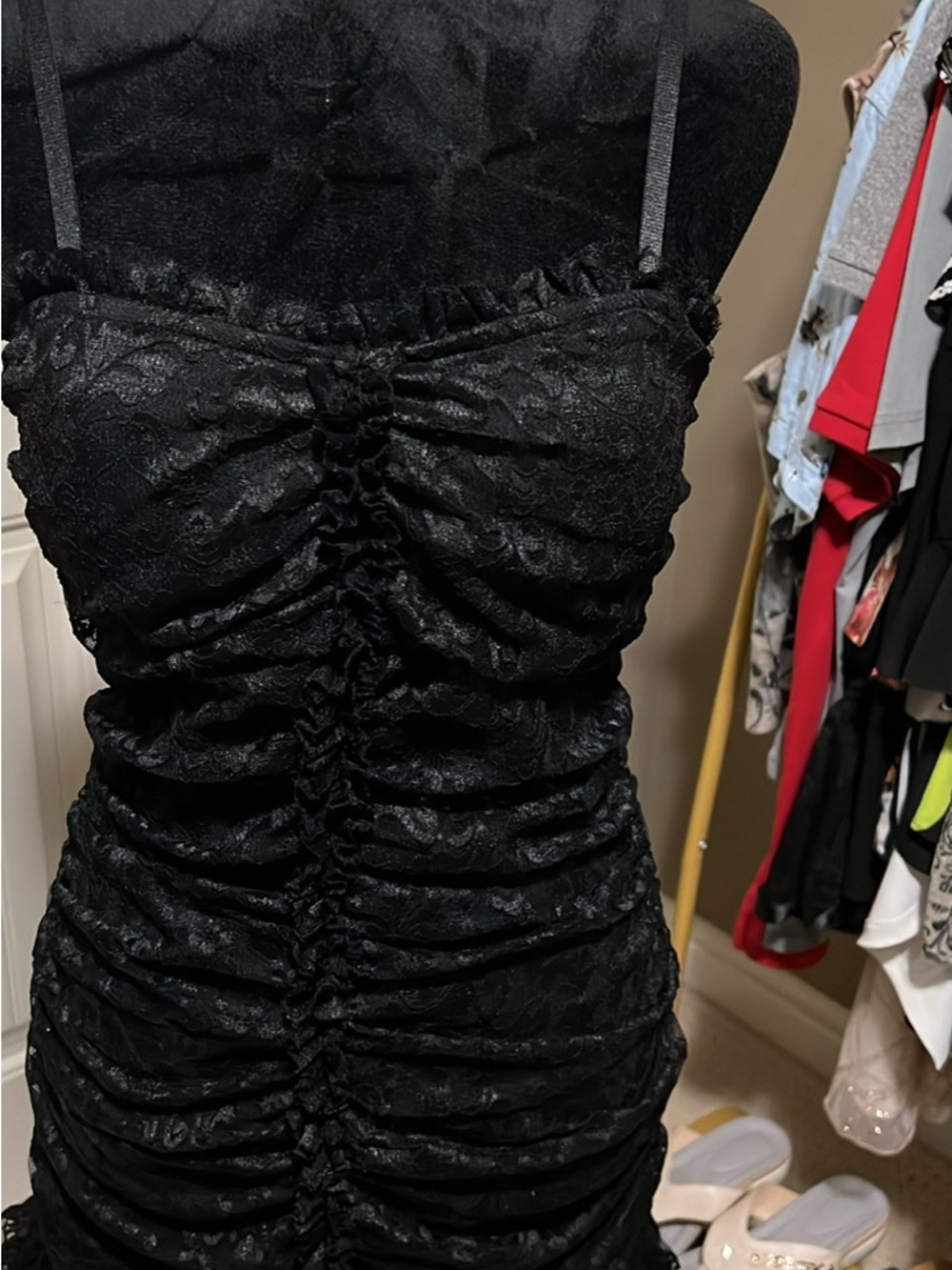 Ruched Lace Black Dress with Spaghetti Straps